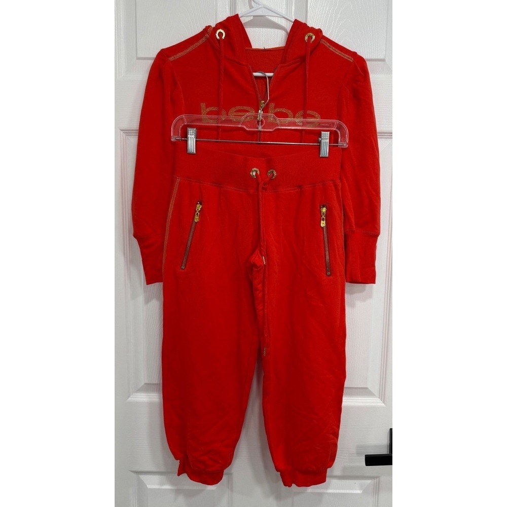 Bebe Red Rhinestone Logo Tracksuit Set XS Y2K Hoodie Capri Joggers